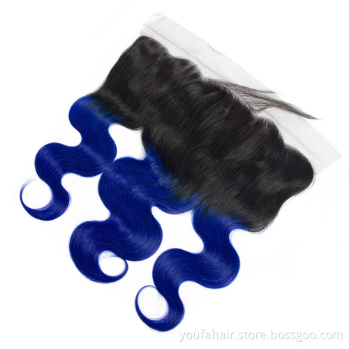 10A Human Brazilian Virgin Hair 13x4 HD Lace Front Ombre 2 Tone Pre Colored Body Wave 1b/Blue Swiss Lace Frontal with Closure